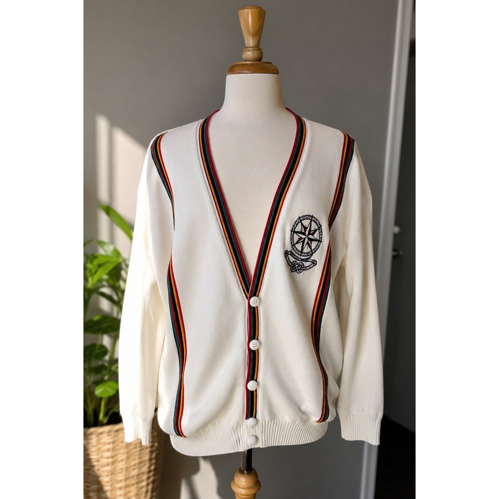 Vintage 90s Nautical Compass Cardigan Coastal Grandpa Yacht Club Oversized UK